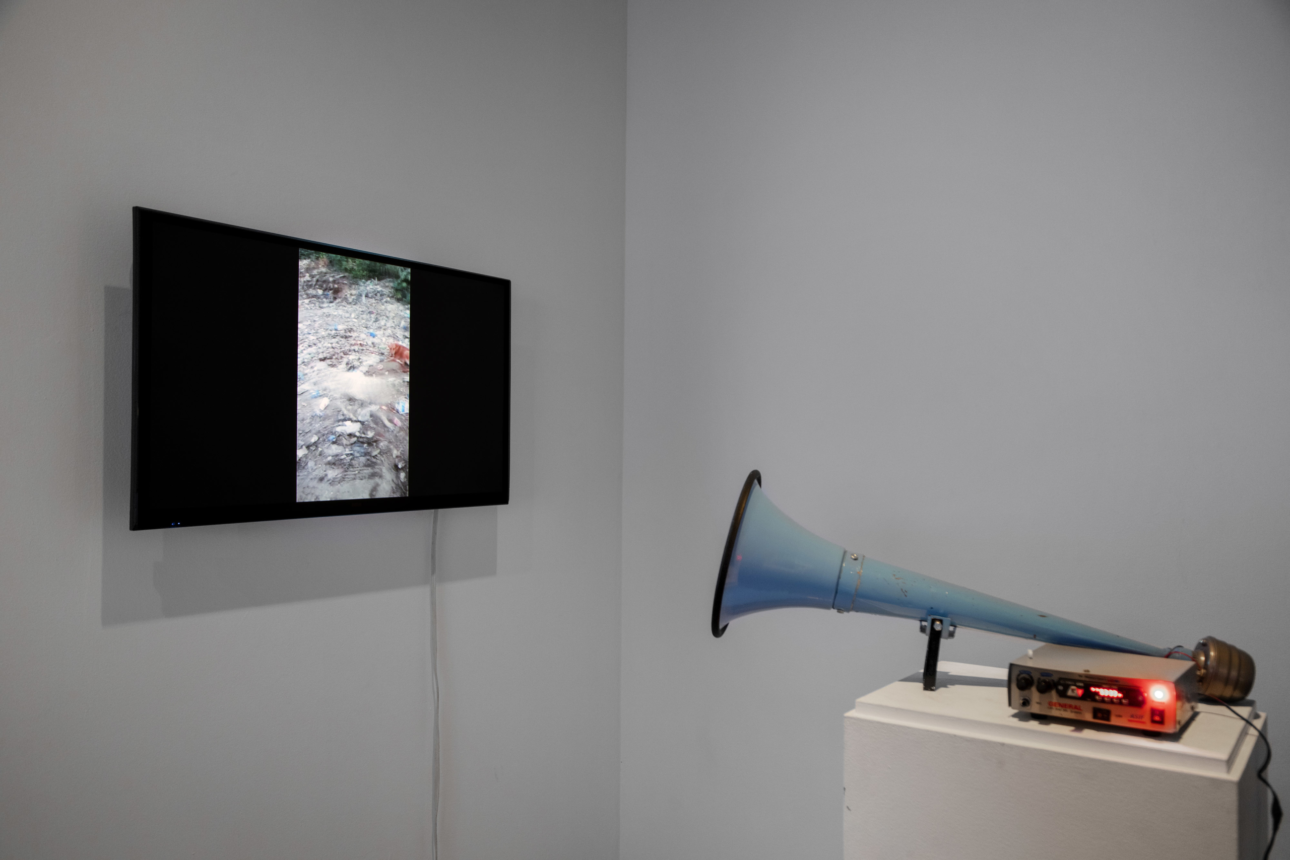 installation which depicts a tv showing a picture of some terrain, and a blue horn sitting on a plinth turned towards the TV