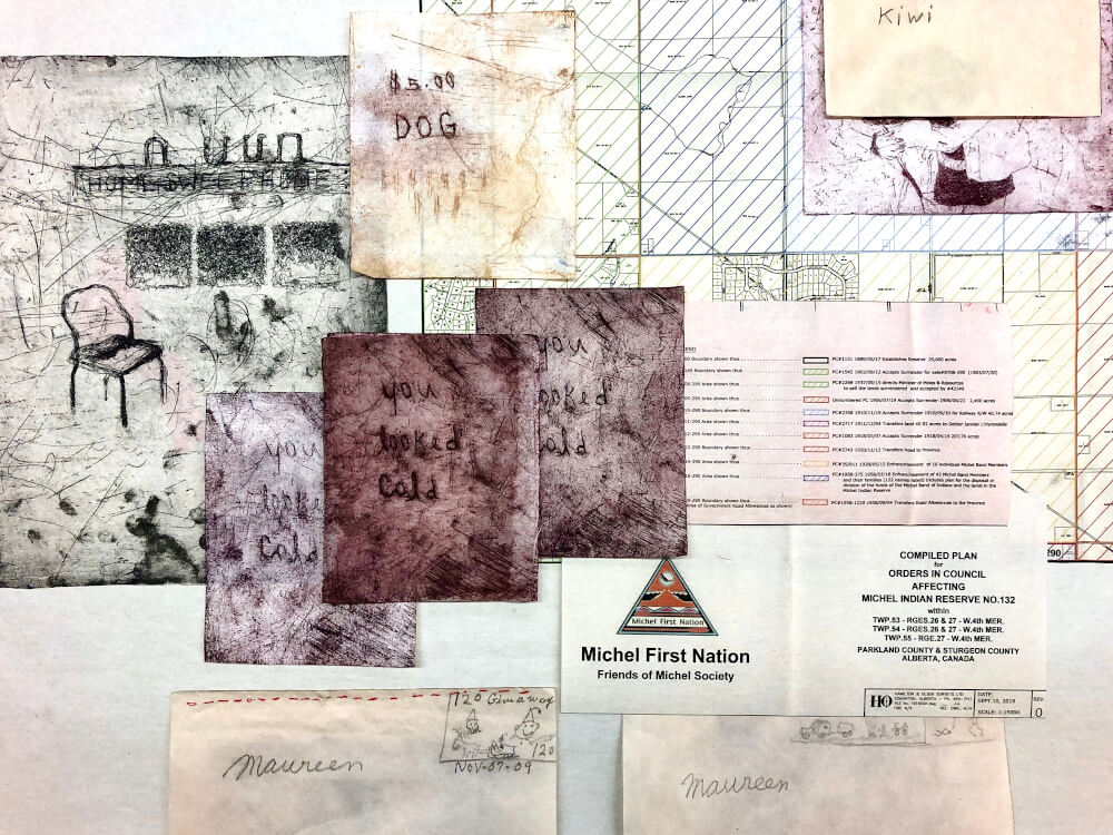 A collage of many different papers and prints, some official documents and some etchings by Kiona Ligtvoet, in dark reds, off whites, light greens