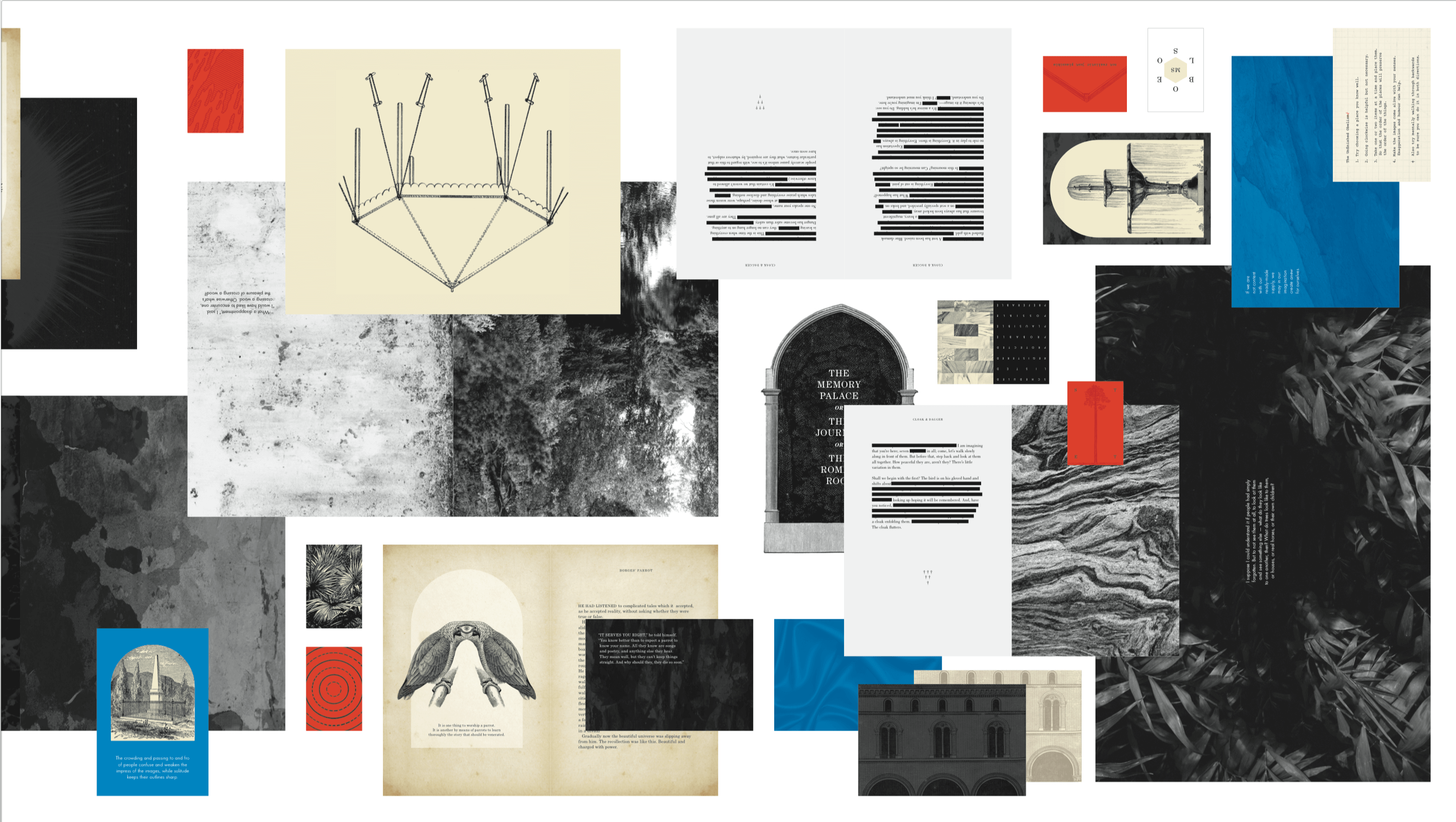 a collage of prints, book pages, greyscale textures, blue and red boxes.