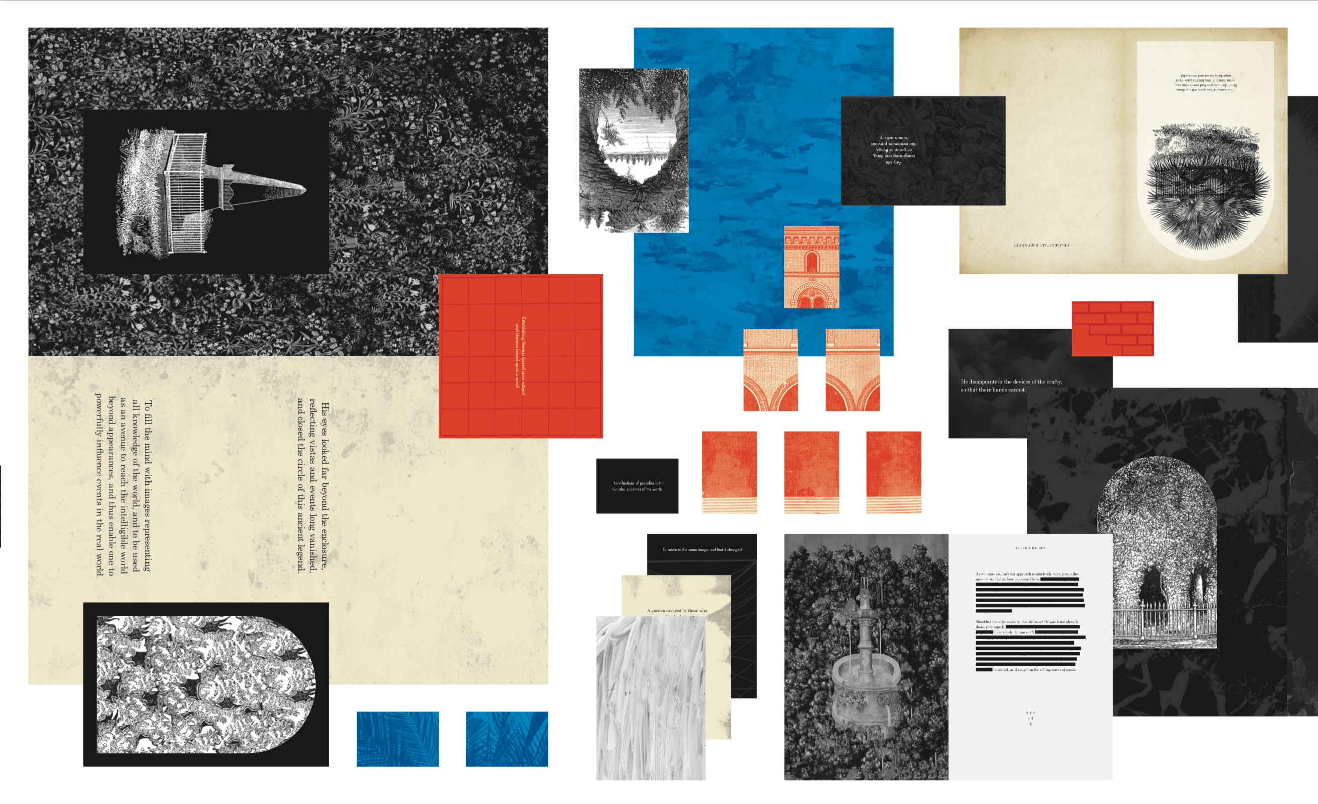 A collage of prints, book pages, greyscale textures, blue and red boxes.