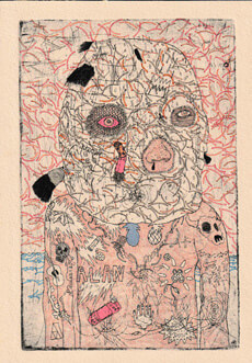 Ryan Cain, untitled etching with hand-colouring