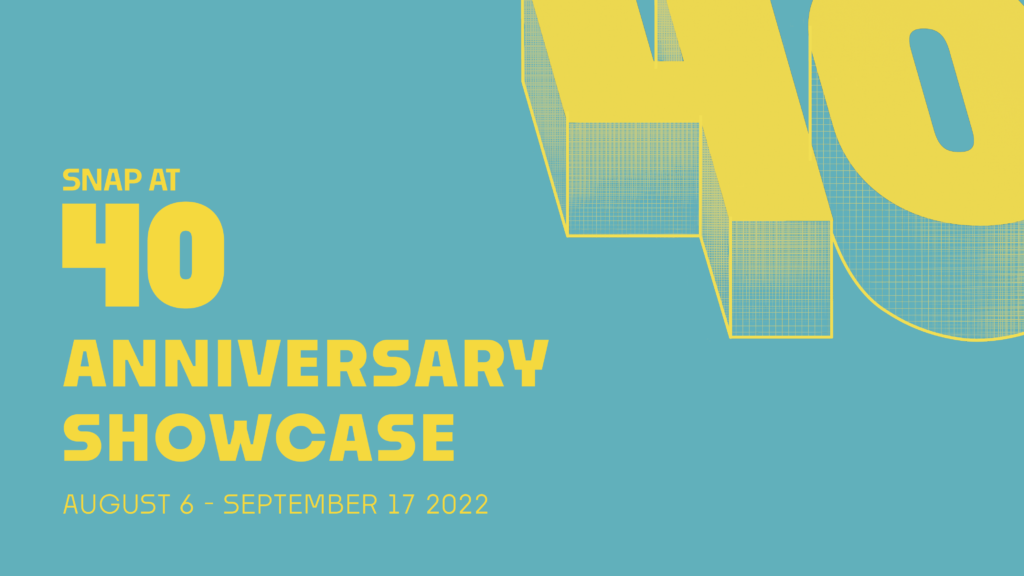 a graphic with the SNAP at 40 logo in yellow with the words 'Anniversary Showcase' under it, against a blue background.