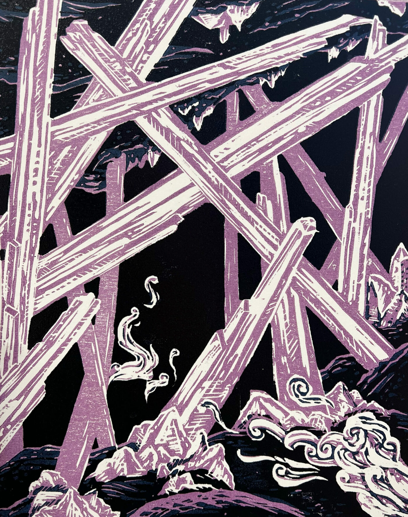 A woodcut depicting a collection of stalagmites and stalactites in a dark cave, printed in lavender.