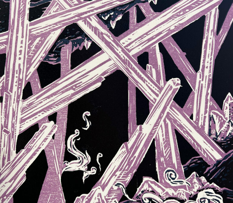 A woodcut depicting a collection of stalagmites and stalactites in a dark cave, printed in lavender.