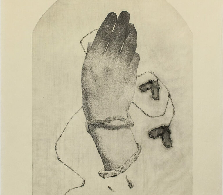 Braxton Garneau Allusion 2022. A drypoint and mezzotint print of the back of a hand closing slightly away from the viewer, printed in black ink. The hand is looped delicately with a vine from the wrist up, which blooms into two heart shapes with rough edges. The hand is moderately shaded except for the fingers, which gradually darken toward the tips at the top of the page. The image is enclosed in an elongated archway.