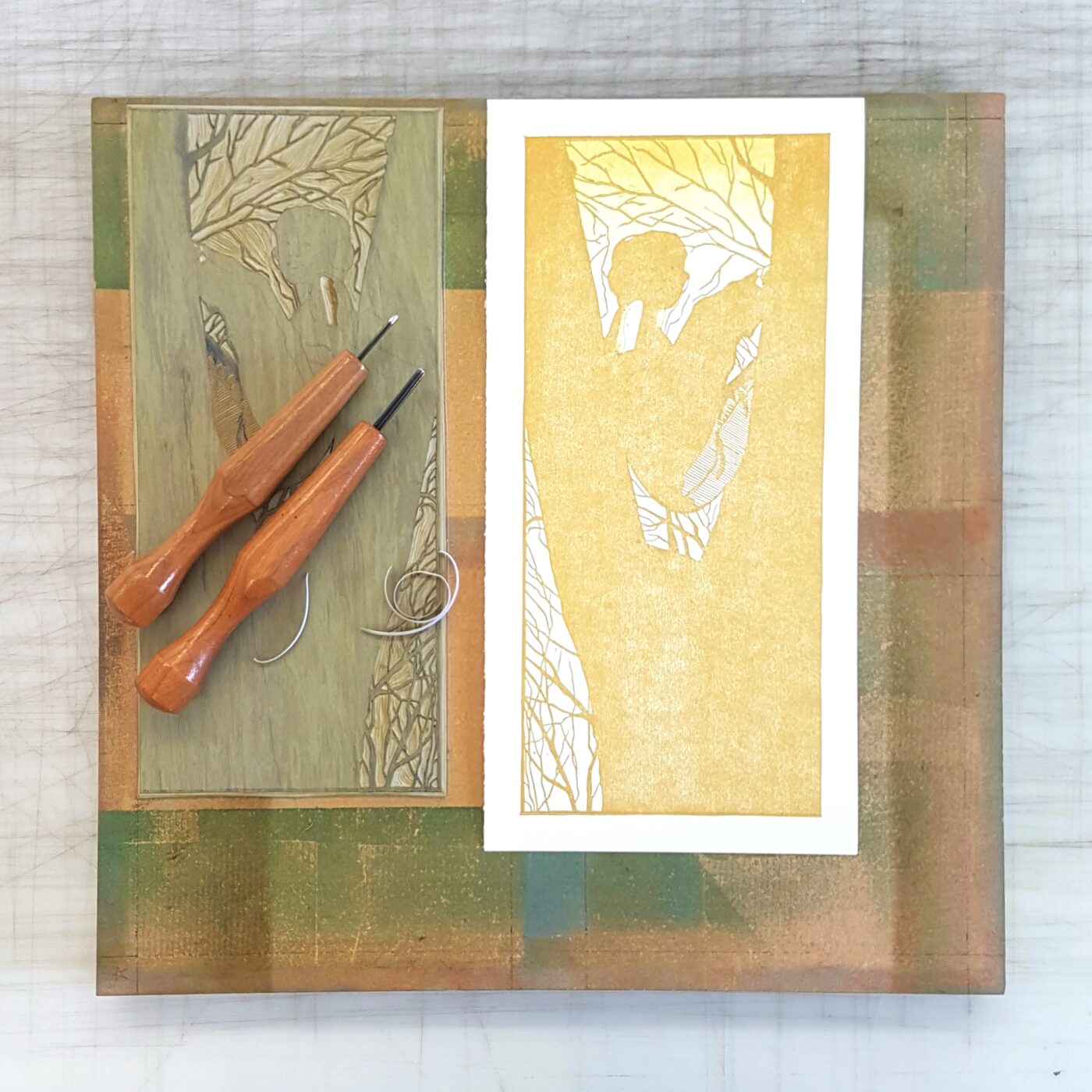 a letterpress block and a proof of the image, depicting a person perched on a leafless tree