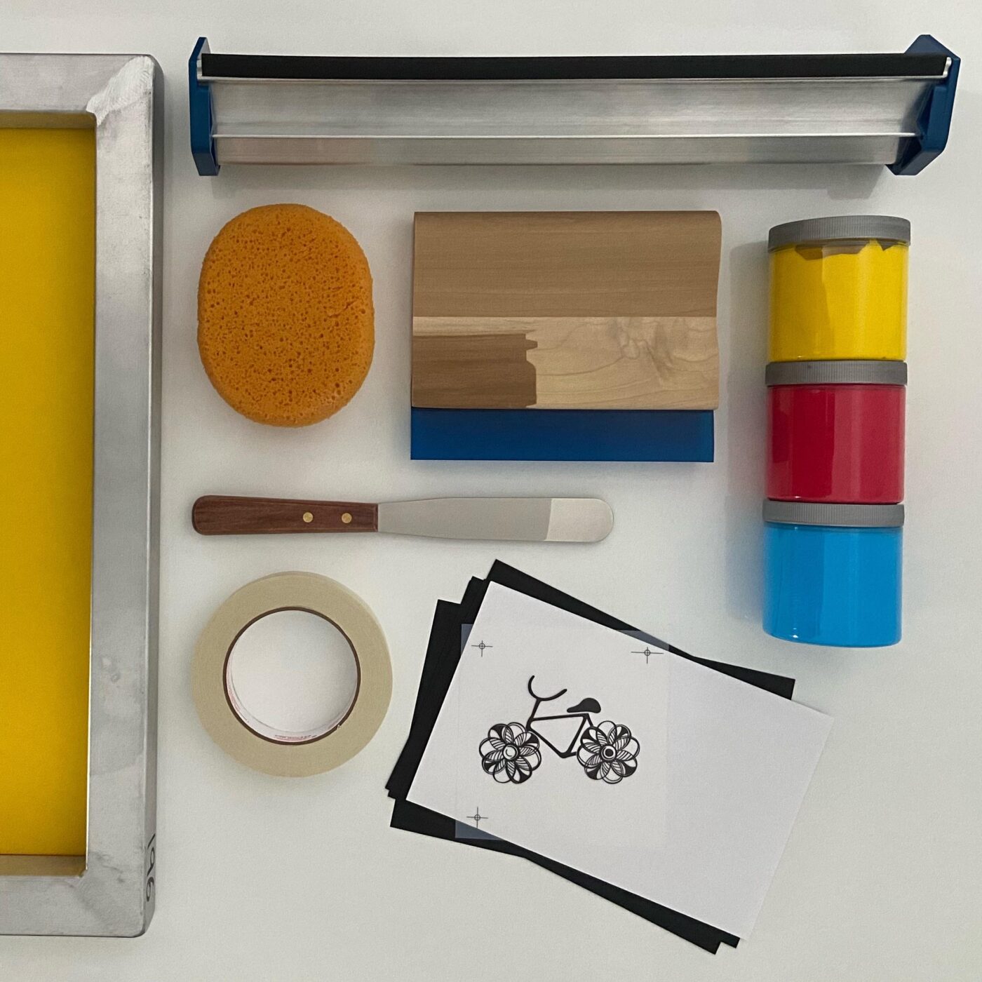 Screen printing supplies on a table