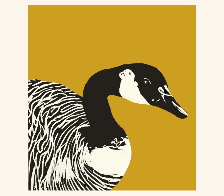 a linocut letterpress print depicting a black and white Goose with a gold background