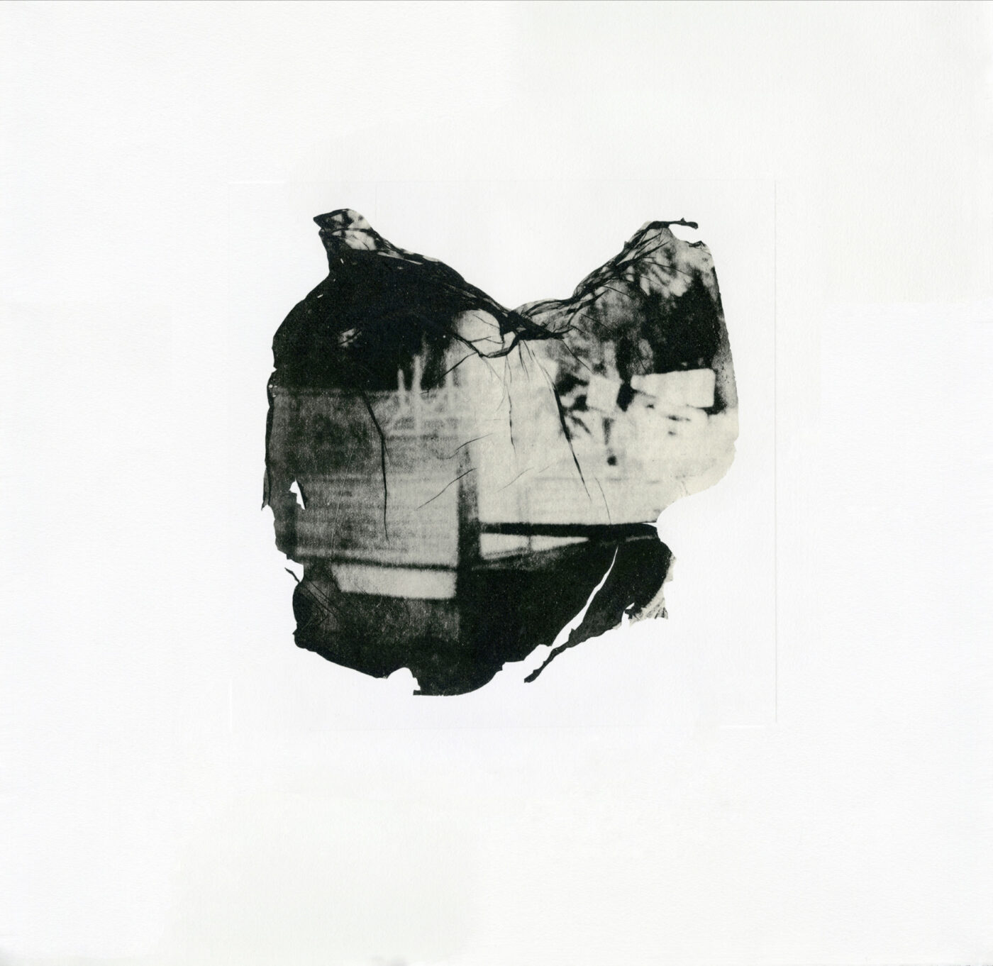 A black and white photopolymer print in an abstract shape