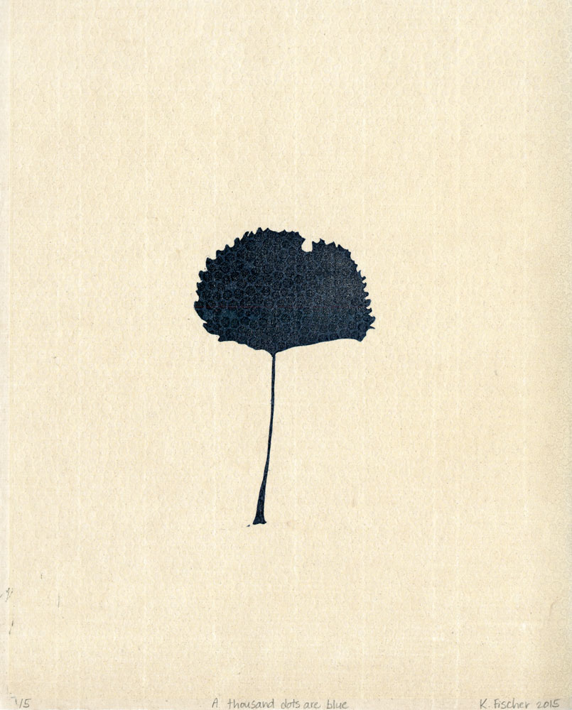 A Thousand Dots are Blue: The silhouette of a leaf in dark, navy blue on light beige, textured paper. The serrated edge of the leaf is slightly worn, and within the silhouette are many small, faint circles within the heavy blue.