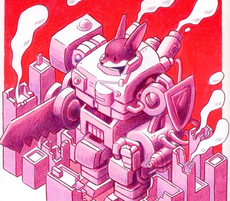 Roger Garcia example of work featuring a red and pink illustration of a mechanical robot with a fox head