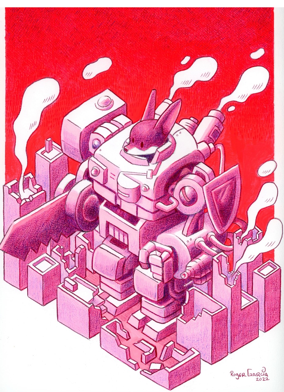 Roger Garcia example of work featuring a red and pink illustration of a mechanical robot with a fox head