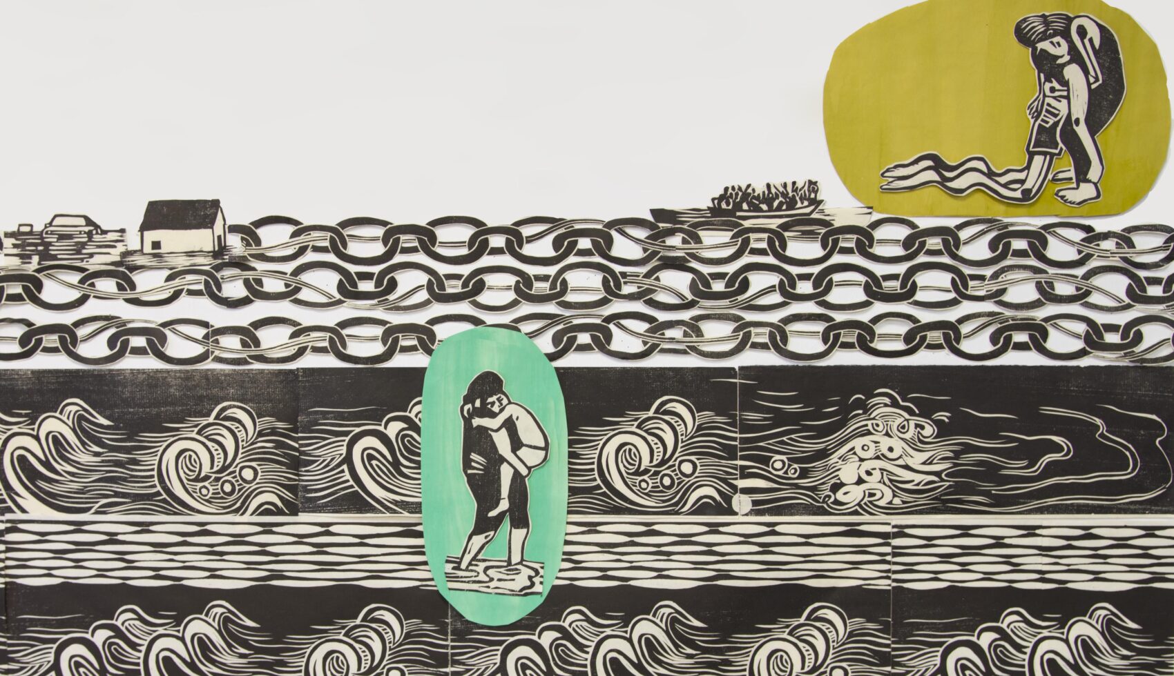 a detail of the work Sea Crossing. 2 rows of waves over a black space; 3 rows of chains, a woman carrying a child wades through water; small crowded boats, a floating house, a floating car, another woman holds a drowning victim.