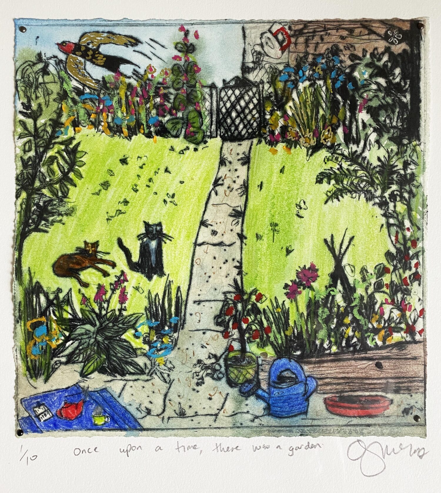 A hand coloured drypoint print, depicting a grassy lawn framed by colourful plants with a concrete path going through the middle, leading to a small garden gate and a house beyond. There are two cats lounging in the grass, and a swallow flying above them.