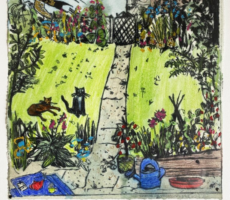 A hand coloured drypoint print, depicting a grassy lawn framed by colourful plants with a concrete path going through the middle, leading to a small garden gate and a house beyond. There are two cats lounging in the grass, and a swallow flying above them.