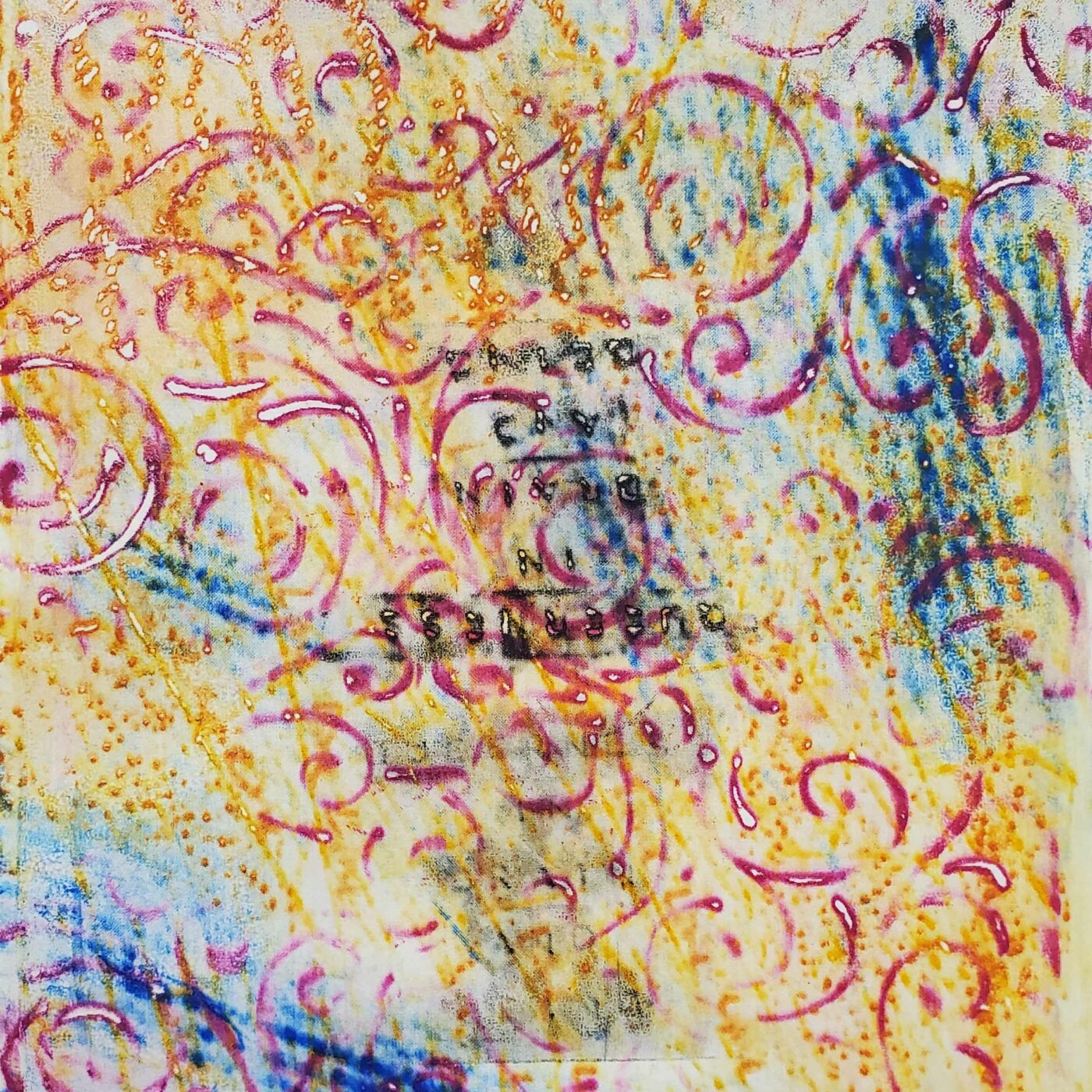 A close up of a monotype print with various textures inculding stripes and squiggles in blues, yellows, reds and greens.