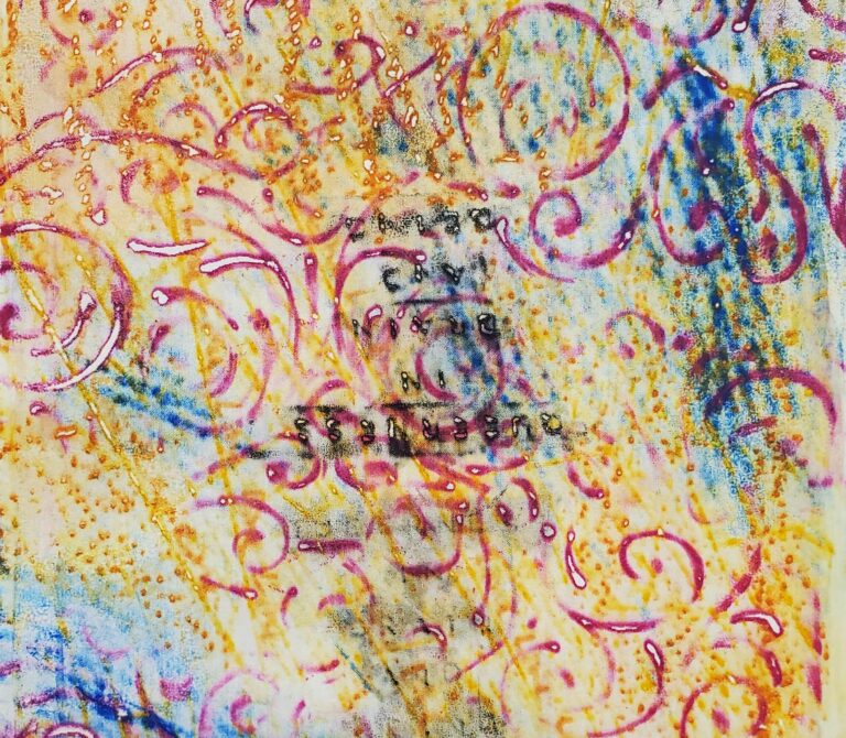 A close up of a monotype print with various textures inculding stripes and squiggles in blues, yellows, reds and greens.