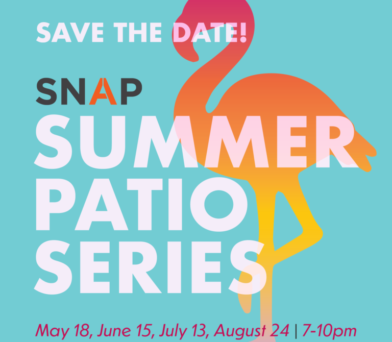 a graphic with a bright blue background featuring the text 'Save the date! SNAP summer patio series: May 18, June 15, July 13, August 24, 7-10pm". a silhouette of a flamingo with a pink, orange and yellow gradient