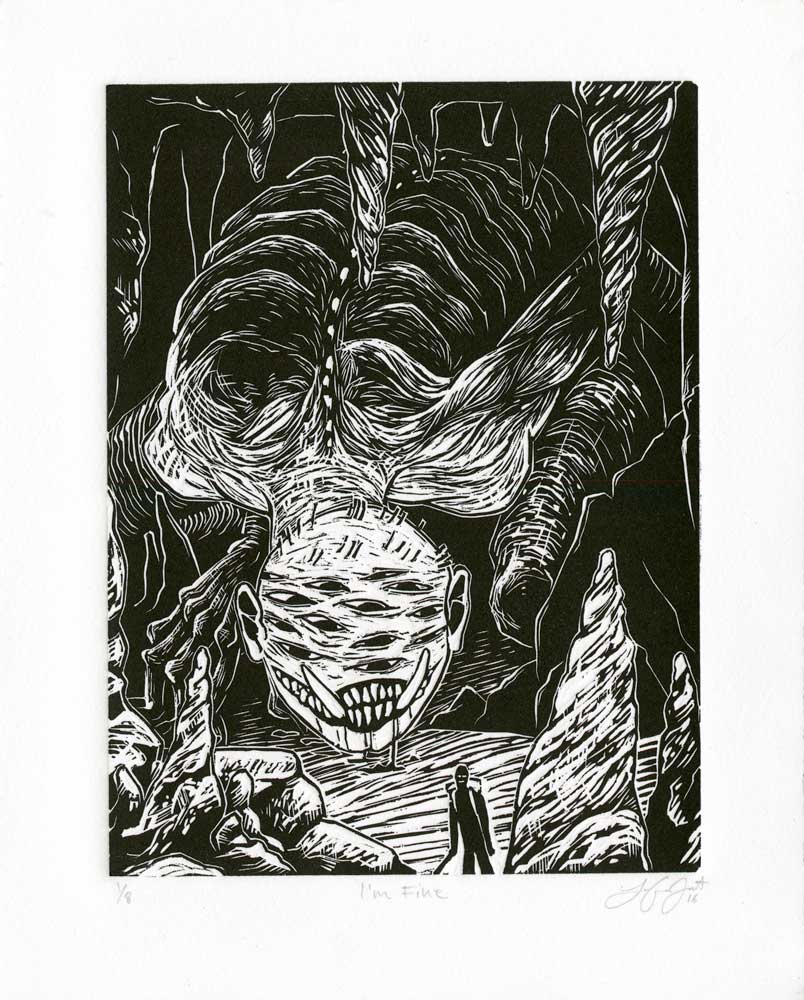 a print by leeanne johnston depicting a giant humanoid creature crouching over a small unaware human in a dark cave.