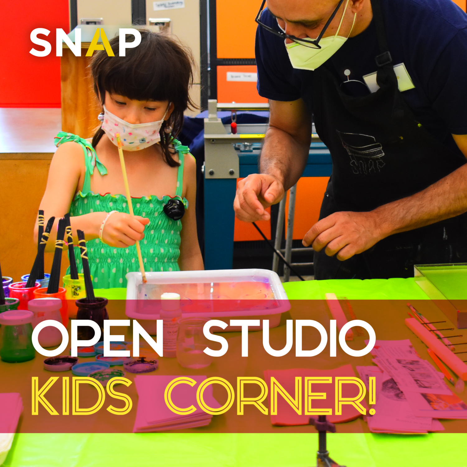 An image of a child being guided by a volunteer while making art in SNAP Studio, accompanied by the text "Open Studio Kids Corner"